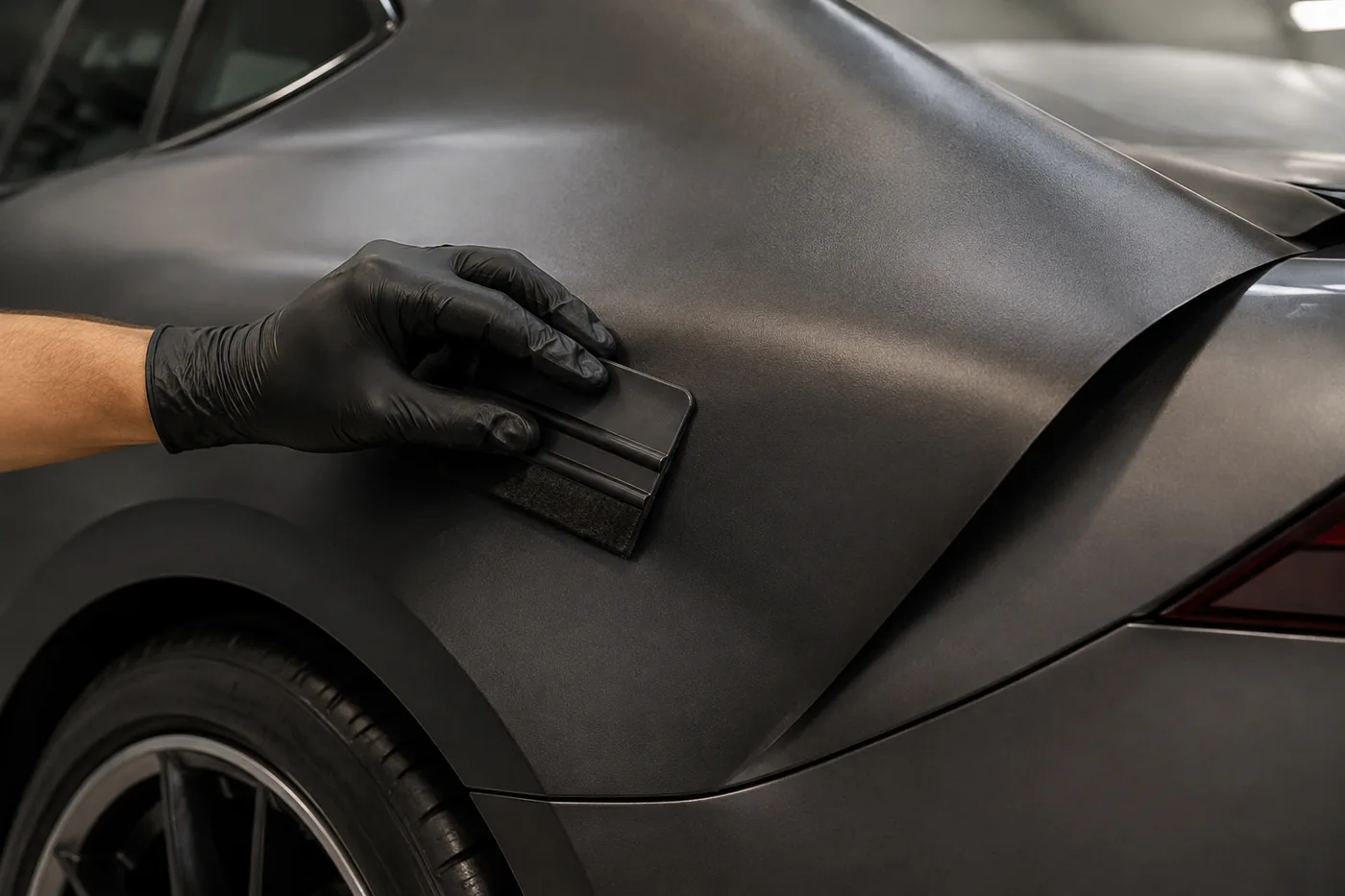 Symbolbild: Eine matte Fahrzeugfolie wird mit einer Rakel sorgfältig aufgebracht.